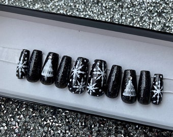 Black Christmas Press on Nails, Snowflake, Glitter, Christmas Tree