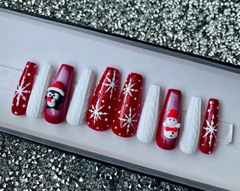 Red Christmas Press On Nails, Sweater Nails,  Snowflakes, Penguin, Snowman