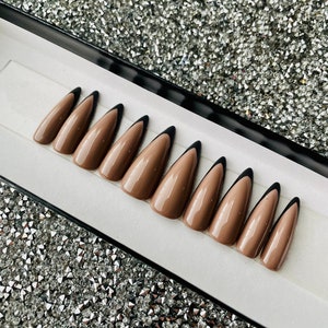 Press On Nails | Black French | Long Stiletto | Acrylic & Press on Nails | Black Nails | DIY Nails | At Home Nails