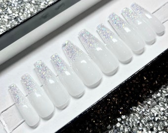 White Ombré Glitter Press On Nails, Winter Nails, Wedding Nails