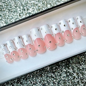 Wedding Press On Nails, Pink and White,  French Nails, Bling, Acrylic Press On Nails