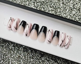 Pink Marble Black French Press On Nails