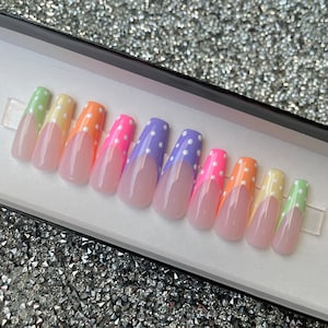 Pastel Press On Nails, Spring Nails, Easter Nails, French Tip, Polka Dots