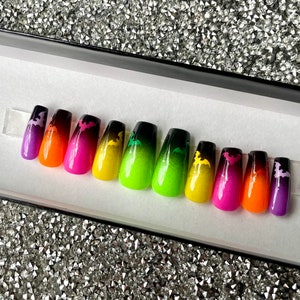 Colorful Halloween Neon Press On Nails with Ombré and Bats