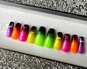 Colorful Halloween Neon Press On Nails with Ombré and Bats