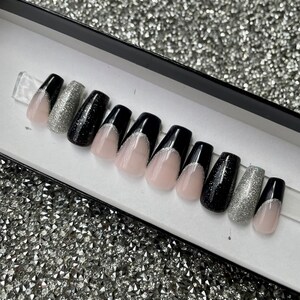 Black Glitter French Press On Nails