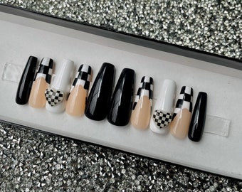 Press On Nails, Valentine’s Day, Checkerboard, Black and White