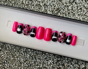 Hot Pink Press On Nails, Vampire Cat Bling Punk Goth Glitter French