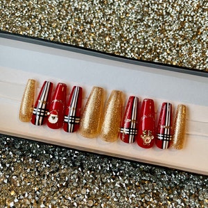 Christmas Press On Nails, Plaid, Santa, Reindeer, Gold Glitter