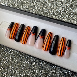 Orange Stripe Halloween  Press On Nails with Bats
