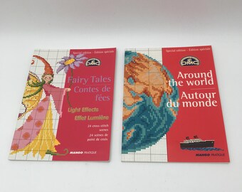 Peut inclure: Deux livres de patrons de point de croix DMC. L'un présente une fée avec le texte "Fairy Tales" et "Contes de fées". L'autre livre montre une broderie au point de croix de la Terre avec le texte "Around the world" et "Autour du monde".