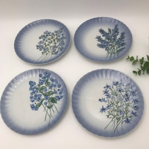 May include: Set of four blue and white ceramic plates with floral designs. Each plate features a different type of blue flower with green stems and leaves.
