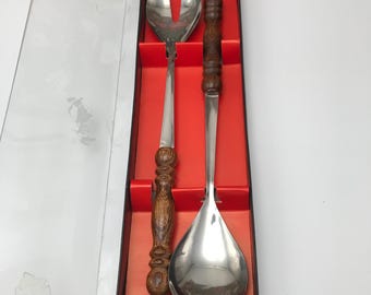Couvert à salade en acier inoxydable avec manche en bois / vintage / Suède