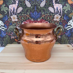 May include: A hammered copper planter with brass handles. The copper pot has a wide, flared rim and a rounded body. The planter is displayed on a wooden surface against a patterned wallpaper background.