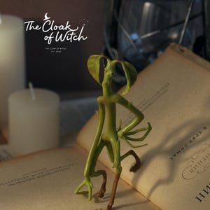 Peut inclure: Une figurine verte en forme de plante, avec un corps fin et une tête en forme de feuille, se tient sur un livre ouvert. La figurine a des jambes et des bras bruns. Le livre est ouvert sur une page avec du texte russe. Le texte "The Cloak of Witch" est visible.