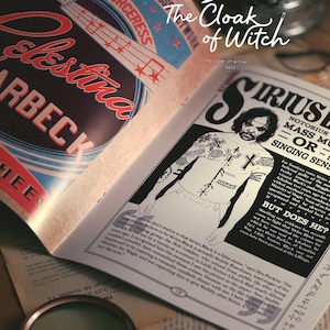May include: An open magazine featuring a colorful advertisement for The Singing Sorceress Celestina Warbeck on the left page and a black and white article about Sirius Black with a portrait of a tattooed man on the right page, with text throughout.