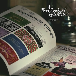May include: An open book featuring illustrations of Hogsmeade Village with various shop signs including Dervish and Banges, Hog's Head Inn, and Honeydukes. The page includes text about magical creatures and a 10% off coupon for any purchase.