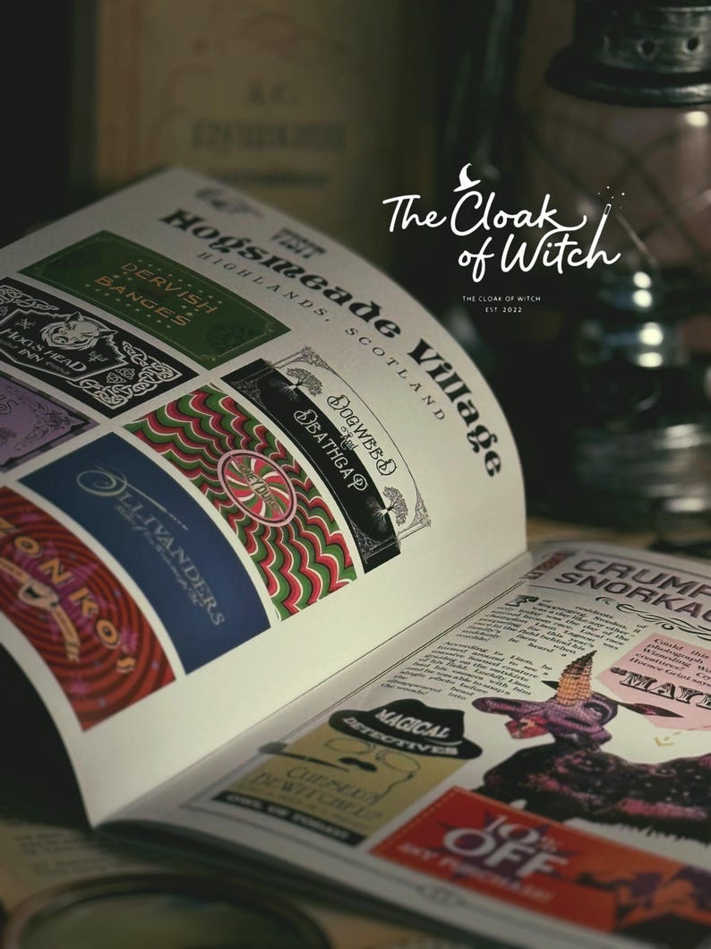 May include: An open book featuring illustrations of Hogsmeade Village with various shop signs including Dervish and Banges, Hog's Head Inn, and Honeydukes. The page includes text about magical creatures and a 10% off coupon for any purchase.