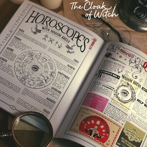 May include: An open book titled The Cloak of Witch featuring a horoscopes page with Madam Kreva, a zodiac wheel, and various classified advertisements including wand repair and magic portrait services, accompanied by a round magnifying glass.