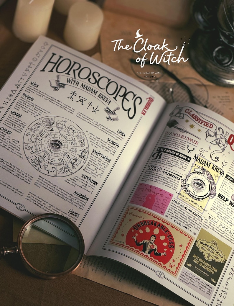 May include: An open book titled The Cloak of Witch featuring a horoscopes page with Madam Kreva, a zodiac wheel, and various classified advertisements including wand repair and magic portrait services, accompanied by a round magnifying glass.