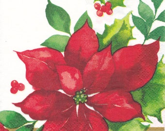 2 Christmas poinsettia and holly paper napkins for decoupage and paper crafts - 4-7/8 x 4-7/8” folded - 9-3/4” x 9-3/4”  open