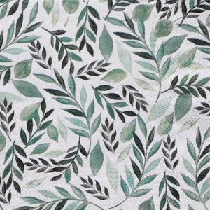 May include: A seamless pattern of green and black watercolor leaves on a white background. The leaves are arranged in a random pattern and are of varying sizes.