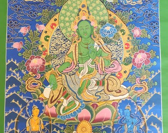 Grüne Tara Thangka Malerei mit grünem Hintergrund