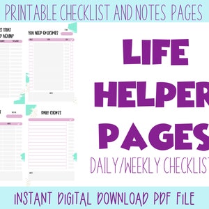 Könnte beinhalten: Druckbare Checklisten- und Notizseiten mit dem Text "Life Helper Pages Daily/Weekly Checklists" in lila. Das Bild zeigt vier verschiedene Checklisten-Seiten mit Titeln wie "What was that password again?", "You need groceries", "Appointment Tracker" und "Daily Chores".