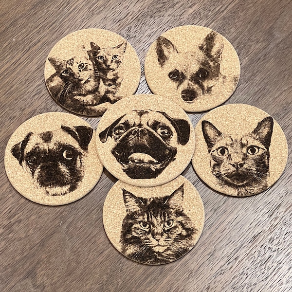 Set of 4 - All Unique Custom Pet Photo Laser Engraved Cork Coasters - Perfect Pet Portrait