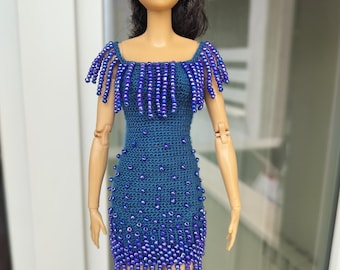 Knit dress for Barbie hand embroidered with beads. handmade dress for Barbie
