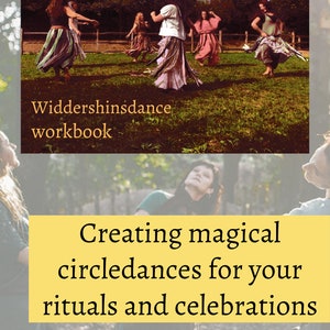 May include: A book cover with a yellow background and the text "Creating magical circledances for your rituals and celebrations" and "Elvira van Bochove". The cover also features a photo of women in long skirts dancing in a circle in a grassy field.