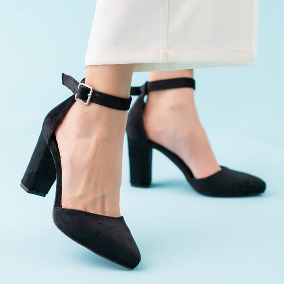 Black velvet chunky heels cheap