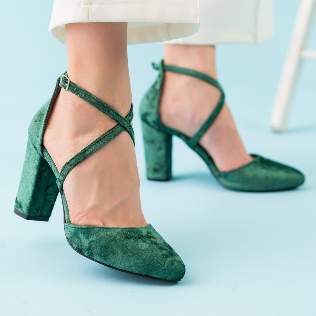 Emerald Green Highheeled Velvet Shoes.dark Green Color Block Etsy