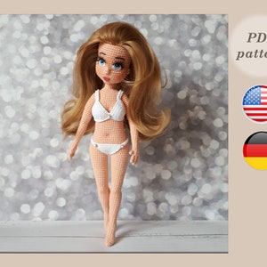 May include: Crochet doll pattern in PDF format. The doll is wearing a white bikini and has long blonde hair. The pattern is available in English and German.