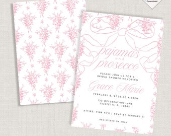 Pajamas and Prosecco Bridal Shower Invitation | Pink Floral, Editable Canva Template (Digital Download)