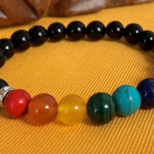 Chakra bracelet made of black obsidian beads 8 mm 1 gemstone bead for each of the 7 chakras