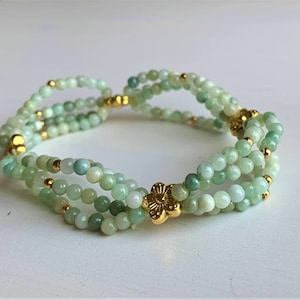 genuine Burmese jade (jadeite), undyed, class A, multi-row pearl bracelet 3 mm with delicate golden flowers