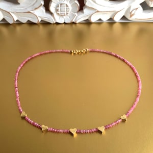 genuine red tourmaline - rubellite - from Brazil, necklace with delicate golden hearts :-)