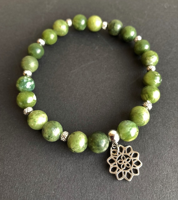 STONE BEAD BRACELET 6 MM W/CHARMS - GREEN BURMA JADE STONE BEAD BRACELET 6 MM W/CHARMS - GREEN BURMA JADE