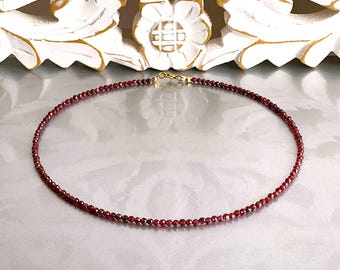 pure red garnet, necklace made of 3 mm faceted pearls; clasp selectable