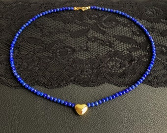 Lapis lazuli necklace made of 4 mm beads (class A) with a beautiful gold heart (real gold plated as is the clasp)