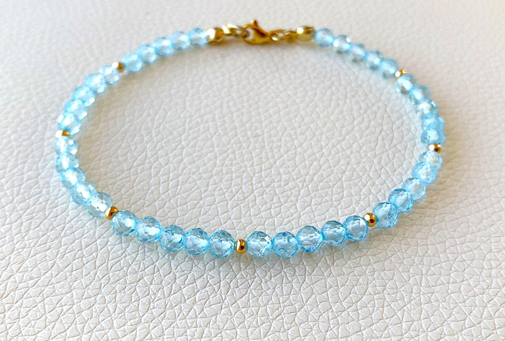 Blauer Topas Armband 17,8 Cm Verstellbar - Facettierte Perlen 2-2,5 Mm Mit Silberverschluss