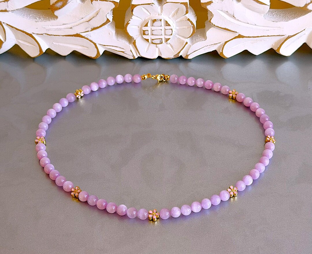Kunzite Spodumene A+ 6-6.5 Mm Beads With Pink Enamelled Flowers All ...