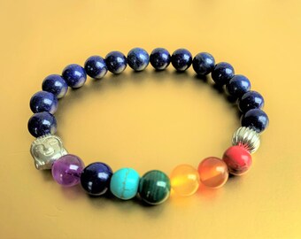 Chakra Armband Lapislazuli aus Perlen 8mm mit Buddha & Edelsteinperlen in den Farben der 7 Chakren - elastisch -