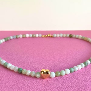 genuine Burma Jade (Jadeite), undyed, necklace made of pearls 6 mm (class A) with golden heart