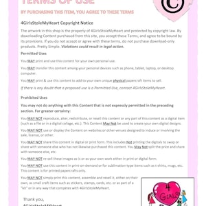 Puede incluir: T&eacute;rminos de uso para art&iacute;culos de papelcraft digitales. El texto establece que al comprar este art&iacute;culo, usted acepta estos t&eacute;rminos. La obra es propiedad de 4GirlsStoleMyHeart y est&aacute; protegida por la ley de derechos de autor. El texto enumera los usos permitidos y prohibidos para los art&iacute;culos de papelcraft digitales.