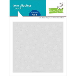 May include: A white stencil sheet with a repeating pattern of stars. The stencil is made by Lawn Fawn and is part of their "Lots of Stars Background Stencils" collection.