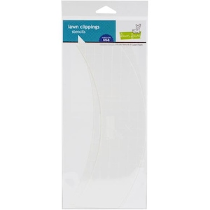 May include: A white plastic stencil sheet with a curved design for creating lawn clippings patterns. The stencil is packaged in a clear plastic sleeve with a blue and green label that reads "lawn clippings stencils" and "lawn fawn USA".
