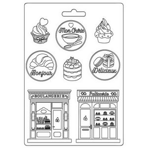 Może przedstawiać: Czarno-biała ilustracja liniowa piekarni i cukierni z różnymi francuskimi wypiekami i deserami. Piekarnię ozdabia napis "Boulangerie", a cukiernię napis "Patisserie".