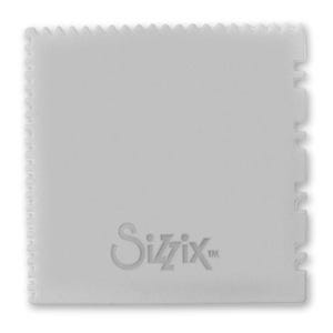 May include: A light gray, rectangular Sizzix embossing tool with a textured edge on one side and a notched edge on the other. The Sizzix logo is embossed on the lower right corner of the tool.